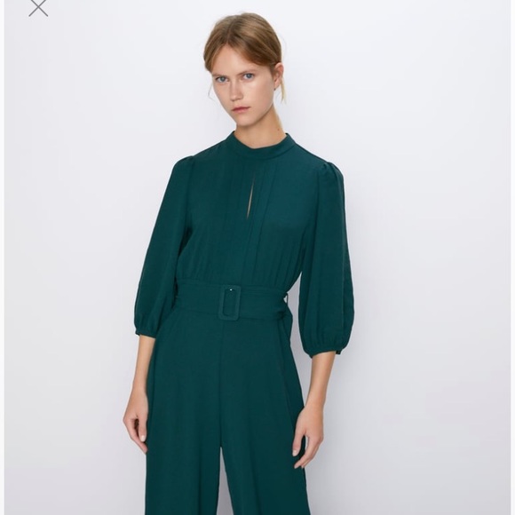 Zara Pants & Jumpsuits Nwt Zara Long Sleeve Belted Jumpsuit Green L